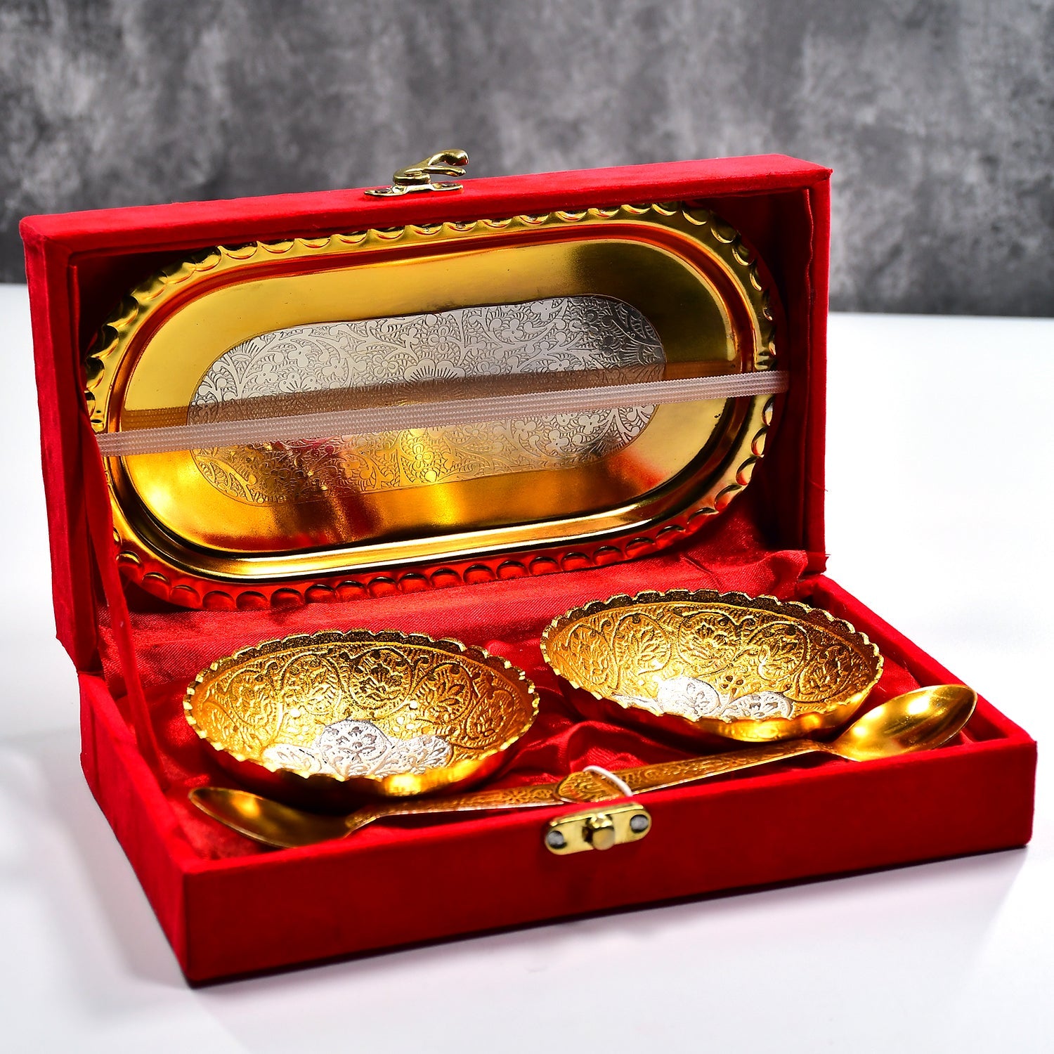 2947 Gold Silver Plated 2 Bowl 2 Spoon Tray Set Brass with Red Velvet Gift Box Serving Dry Fruits Desserts Gift DeoDap 2947 Gold Silver Plated 2 Bowl 2 Spoon Tray Set Brass with Red Velvet Gift Box Serving Dry Fruits Desserts Gift DeoDap
